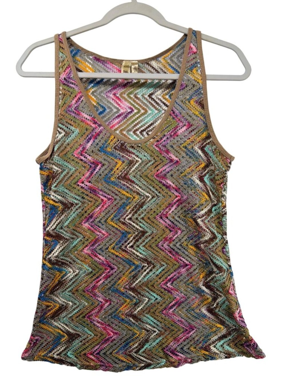 Buckle BKE Women Tank Top Sz L Multicolor Rainbow Lace ZigZag Sheer Lightwt Boho